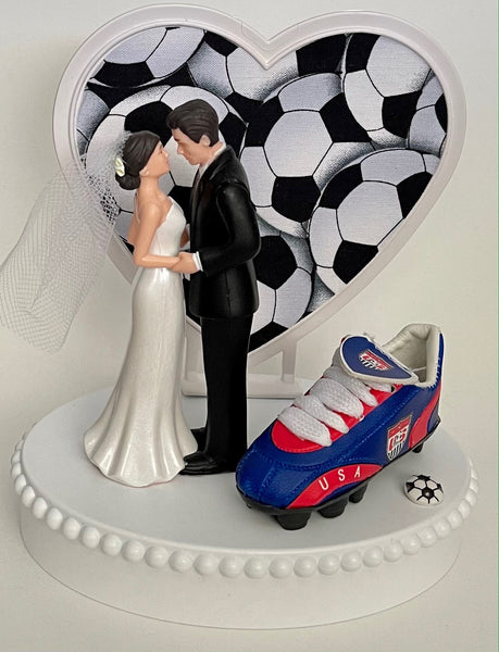 Wedding Cake Topper USA Soccer Themed United States of America Beautiful Short-Haired Bride and Groom Unique Sports Fans Groom's Cake Top