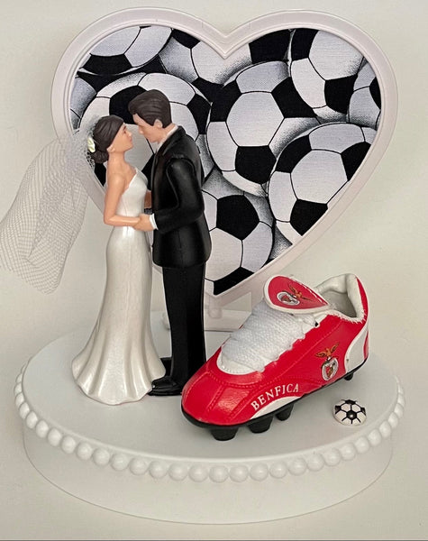 Wedding Cake Topper SL Benfica Soccer Themed Portugal Football Pretty Short-Haired Bride and Groom Unique Sports Fan Groom's Cake Top