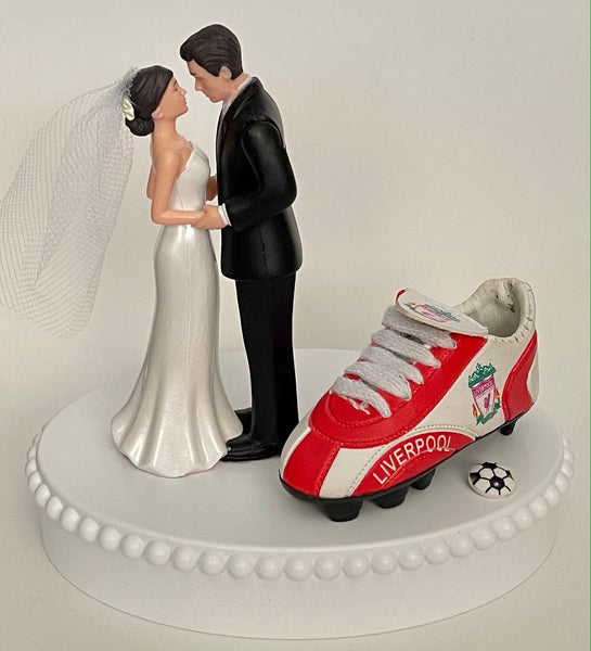 Wedding Cake Topper Liverpool FC Soccer Themed English Football England Pretty Short-Haired Bride Groom Unique Sports Fan Groom's Cake Top