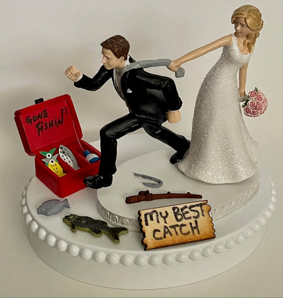 Wedding Cake Topper Fishing Themed Gone Fishin' My Best Catch Fish Pole Hook Tackle Box Running Bride Groom Hobby Funny Bridal Shower Gift
