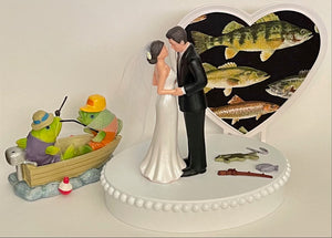 Wedding Cake Topper Fish in a Boat Fishing Themed Fish Bobber Pole Pretty Short-Haired Bride Groom OOAK Funny Groom's Cake Top Shower Gift