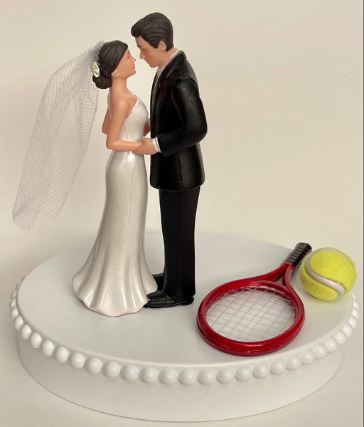 Wedding Cake Topper Tennis Themed Sports Fans Racket Ball Pretty Short-Haired Bride and Groom One-of-a-Kind Bridal Shower Reception Gift