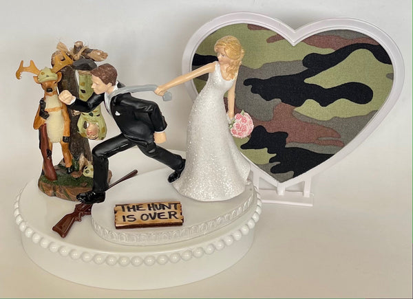 Wedding Cake Topper Dangling Hunter Hunting Themed the Hunt is Over Deer Rifle Funny Bride and Groom Camo Heart Humorous Groom's Cake Top