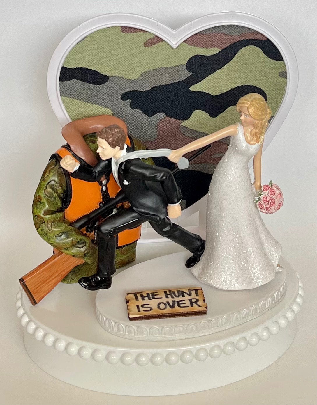 Wedding Cake Topper Orange Camo Vest Hunting Themed Hunter Rifle Hunt is Over Running Funny Bride and Groom Heart Groom's Cake Top Gift