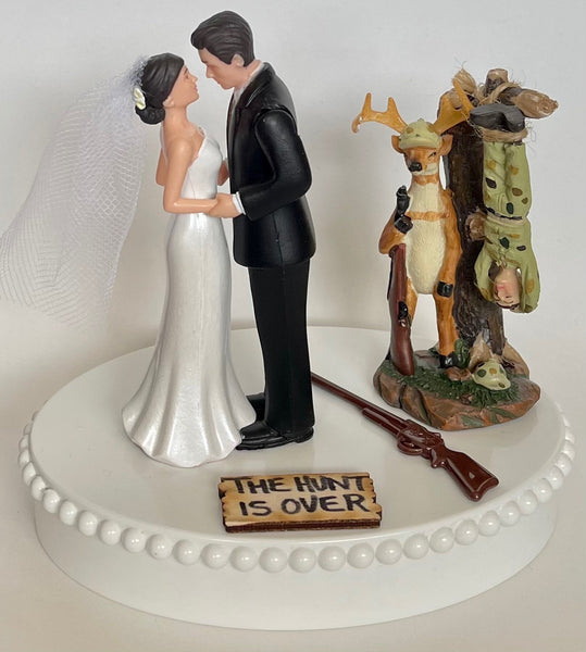Wedding Cake Topper Dangling Hunter Themed Hunting Pretty Short-Haired Bride and Groom Camo Heart One-of-a-Kind Bridal Shower Reception Gift