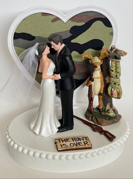 Wedding Cake Topper Dangling Hunter Themed Hunting Pretty Short-Haired Bride and Groom Camo Heart One-of-a-Kind Bridal Shower Reception Gift