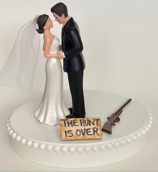 Wedding Cake Topper the Hunt is Over Themed Hunting Rifle Cute Short-Haired Bride Groom Exclusive Green Camo Heart Unique Groom's Cake Top