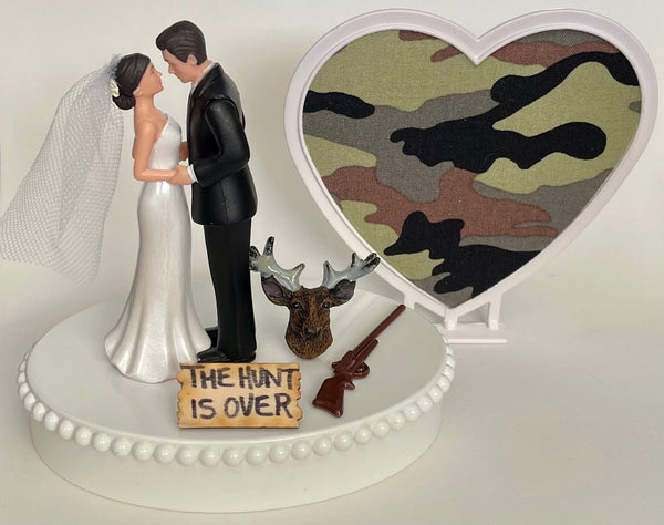 Wedding Cake Topper the Hunt is Over Deer Head Hunting Themed Pretty Short-Haired Bride and Groom Camo Heart One-of-a-Kind Groom's Cake Top