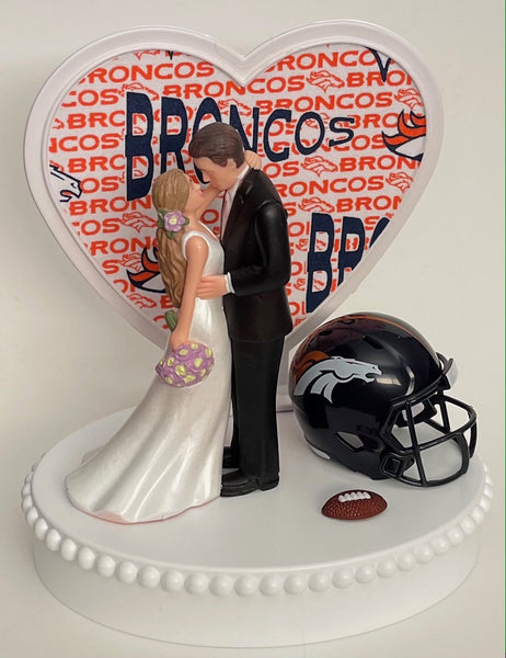 Wedding Cake Topper Denver Broncos Football Themed Beautiful Long-Haired Bride and Groom Sports Fans One-of-a-Kind Reception Bridal Gift