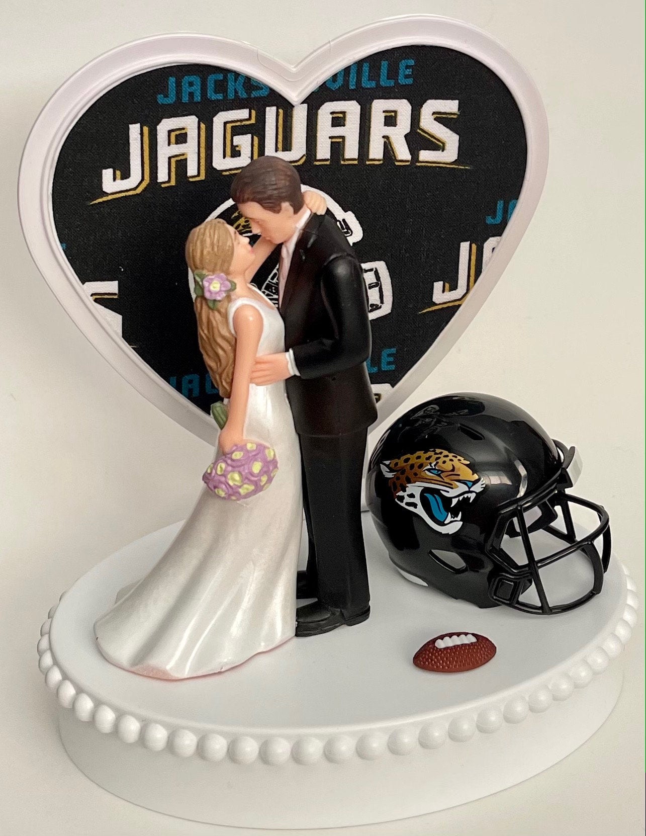 Wedding Cake Topper Jacksonville Jaguars Football Themed Beautiful Long-Haired Bride Groom Sports Fans One-of-a-Kind Reception Bridal Gift