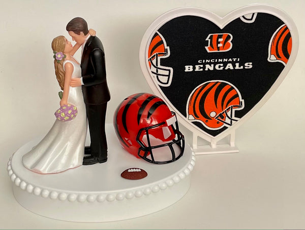 Wedding Cake Topper Cincinnati Bengals Football Themed Beautiful Long-Haired Bride Groom Fun Sports Fans One-of-a-Kind Reception Bridal Gift