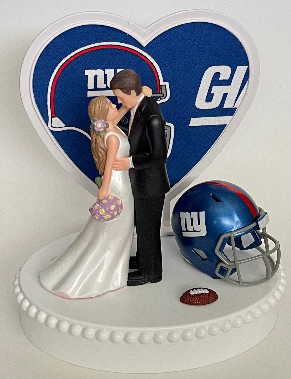 Wedding Cake Topper New York Giants NY Football Themed Beautiful Long-Haired Bride Groom Sports Fans One-of-a-Kind Reception Bridal Gift