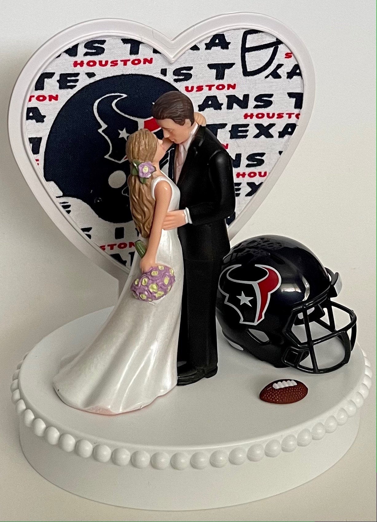 Wedding Cake Topper Houston Texans Football Themed Beautiful Long-Haired Bride Groom Fun Sports Fans One-of-a-Kind Reception Bridal Gift