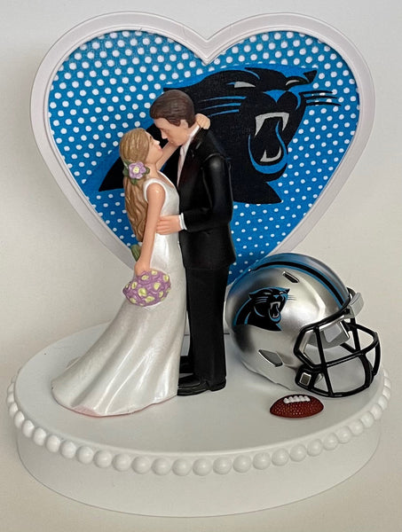 Wedding Cake Topper Carolina Panthers Football Themed Beautiful Long-Haired Bride Groom OOAK Sports Fan Fun Bridal Shower Reception Gift