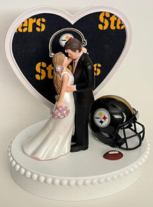 Wedding Cake Topper Pittsburgh Steelers Football Themed Beautiful Long-Haired Bride Groom OOAK Sports Fan Fun Bridal Shower Reception Gift