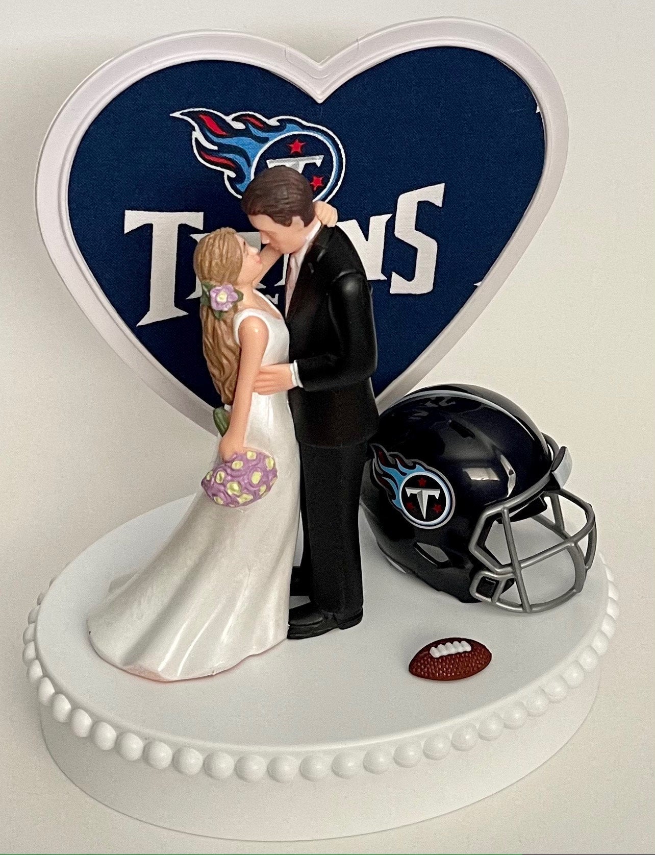 Wedding Cake Topper Tennessee Titans Football Themed Beautiful Long-Haired Bride Groom Fun OOAK Sports Fan Fun Bridal Shower Reception Gift