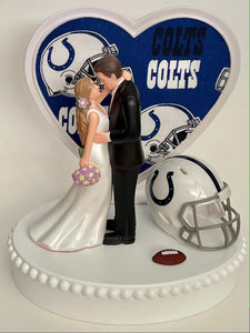 Wedding Cake Topper Indianapolis Colts Football Themed Beautiful Long-Haired Bride Groom OOAK Sports Fan Fun Bridal Shower Reception Gift