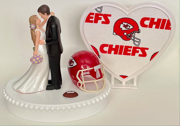 Wedding Cake Topper Kansas City Chiefs Football Themed Beautiful Long-Haired Bride KC Groom OOAK Sports Fan Fun Bridal Shower Reception Gift