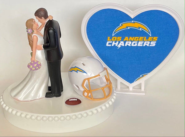 Wedding Cake Topper Los Angeles Chargers Football Themed Beautiful Long-Haired Bride Groom OOAK Sports Fan Fun Bridal Shower Reception Gift