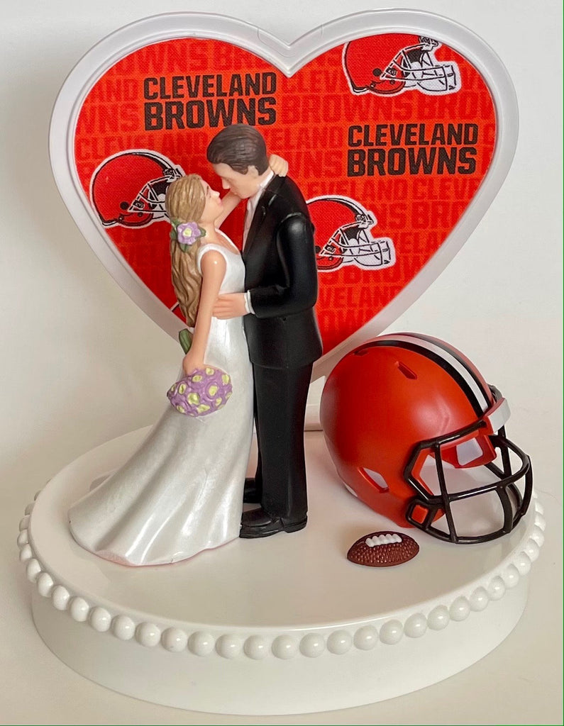 Wedding Cake Topper Cleveland Browns Football Themed Beautiful Long-Haired Bride Groom Fun OOAK Sports Fan Fun Bridal Shower Reception Gift