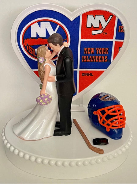 Wedding Cake Topper New York Islanders Hockey Themed NY Gorgeous Long-Haired Bride and Groom Fun Groom's Cake Top Reception Shower Gift Idea