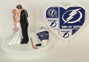 Wedding Cake Topper Tampa Bay Lightning Hockey Themed Gorgeous Long-Haired Bride and Groom Fun Groom's Cake Top Reception Shower Gift Idea