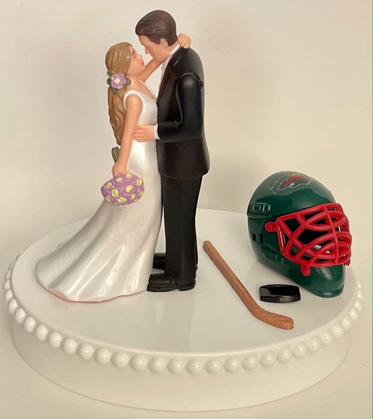 Wedding Cake Topper Minnesota Wild Hockey Themed Gorgeous Long-Haired Bride and Groom Fun Groom's Cake Top Reception Shower Gift Idea