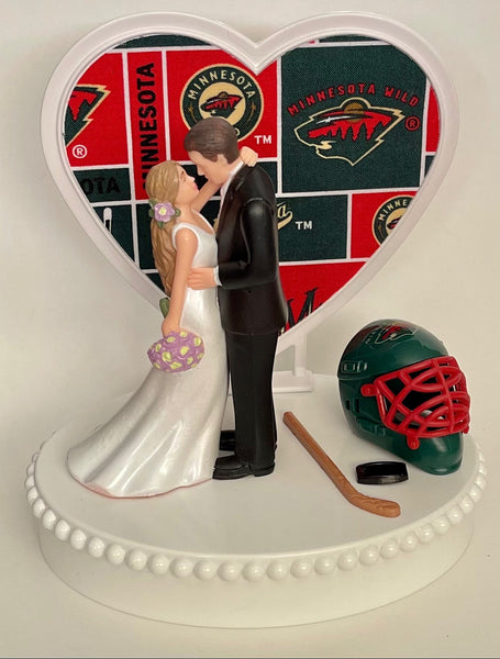 Wedding Cake Topper Minnesota Wild Hockey Themed Gorgeous Long-Haired Bride and Groom Fun Groom's Cake Top Reception Shower Gift Idea