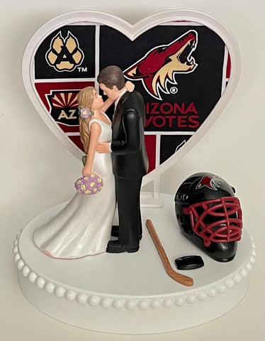 Wedding Cake Topper Arizona Coyotes Hockey Themed Gorgeous Long-Haired Bride and Groom Fun Groom's Cake Top Reception Shower Gift Idea