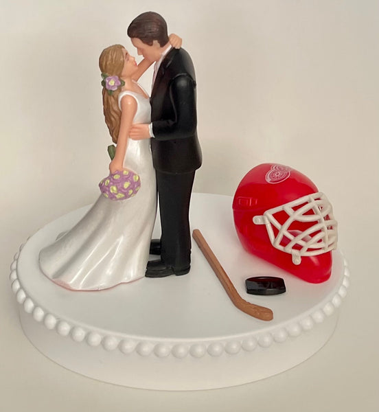 Wedding Cake Topper Detroit Red Wings Hockey Themed Beautiful Long-Haired Bride and Groom Fun Groom's Cake Top Shower Gift Idea Reception