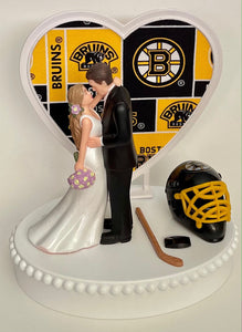 Wedding Cake Topper Boston Bruins Hockey Themed Beautiful Long-Haired Bride and Groom Fun Groom's Cake Top Shower Gift Idea Reception