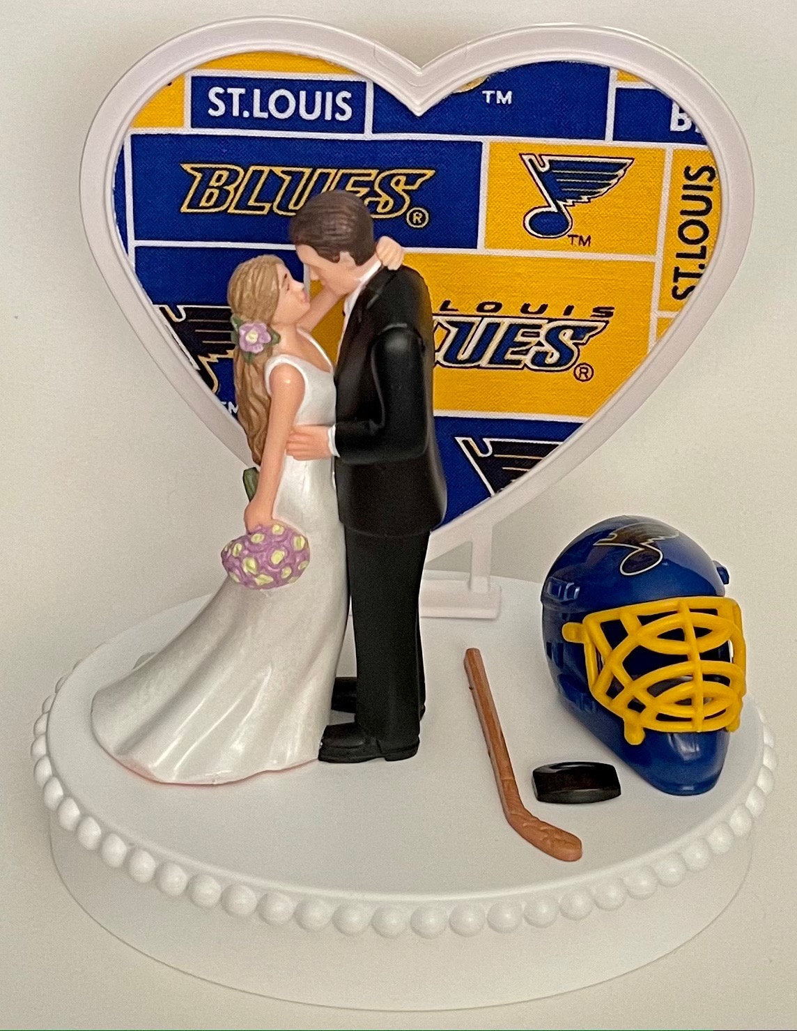 Wedding Cake Topper St. Louis Blues Hockey Themed Beautiful Long-Haired Bride and Groom Fun Groom's Cake Top Shower Gift Idea Reception