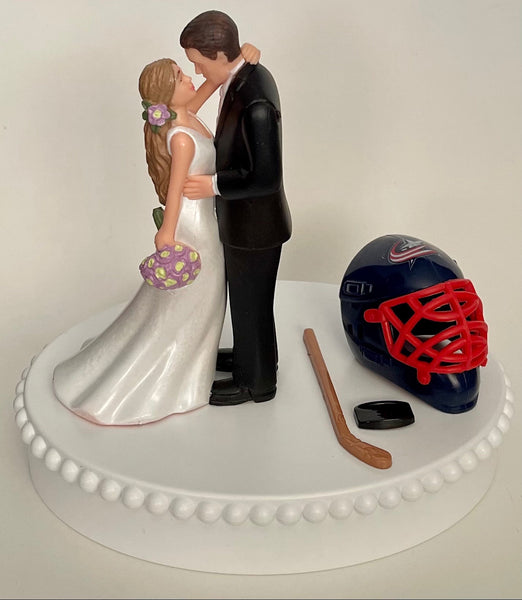Wedding Cake Topper Columbus Blue Jackets Hockey Themed Beautiful Long-Haired Bride Groom Fun Groom's Cake Top Shower Gift Idea Reception
