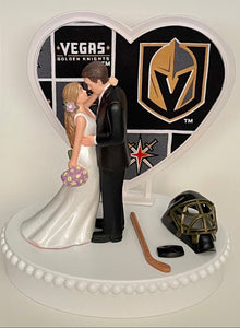 Wedding Cake Topper Las Vegas Golden Knights Hockey Themed Beautiful Long-Haired Bride Groom Fun Groom's Cake Top Shower Gift Idea Reception