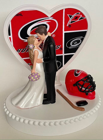 Wedding Cake Topper Carolina Hurricanes Hockey Themed Beautiful Long-Haired Bride and Groom Fun Groom's Cake Top Shower Gift Idea Reception