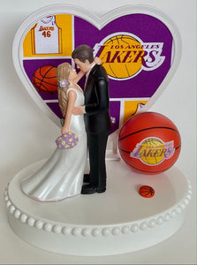 Wedding Cake Topper Los Angeles Lakers Basketball Themed Beautiful Long-Haired Bride Groom Fun Groom's Cake Top Shower Gift Idea Reception