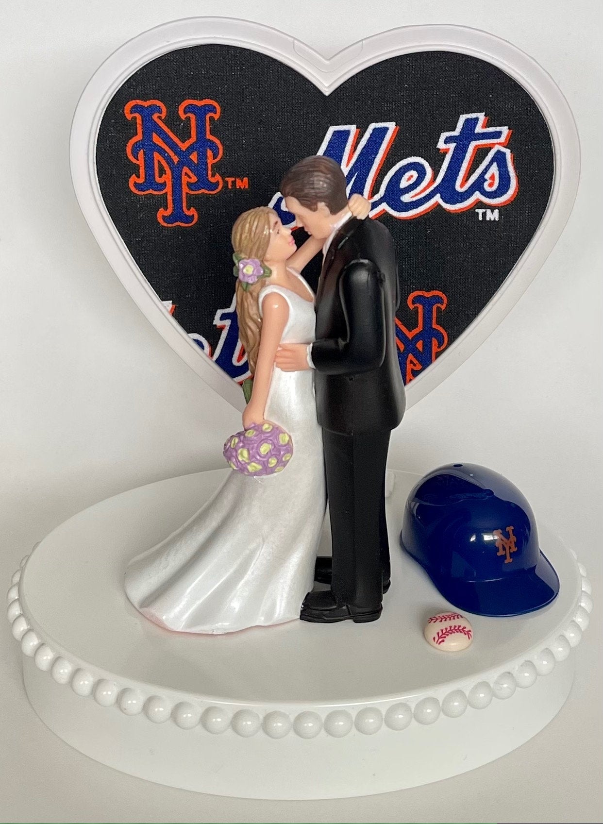 Wedding Cake Topper New York Mets Baseball Themed Beautiful Long-Haired Bride and Groom Fun Groom's Cake Top Shower Gift Idea Reception
