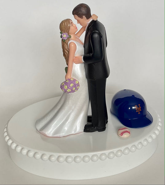Wedding Cake Topper New York Mets Baseball Themed Beautiful Long-Haired Bride and Groom Fun Groom's Cake Top Shower Gift Idea Reception