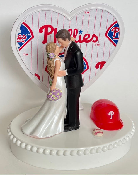 Wedding Cake Topper Philadelphia Phillies Baseball Themed Beautiful Long-Haired Bride Groom Fun Groom's Cake Top Shower Gift Idea Reception