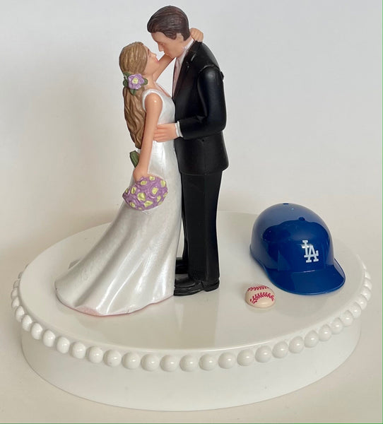 Wedding Cake Topper Los Angeles Dodgers Baseball Themed LA Beautiful Long-Haired Bride Groom Fun Groom's Cake Top Shower Gift Idea Reception
