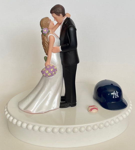 Wedding Cake Topper New York Yankees Baseball Themed Beautiful Long-Haired Bride and Groom Fun Groom's Cake Top Shower Gift Idea Reception