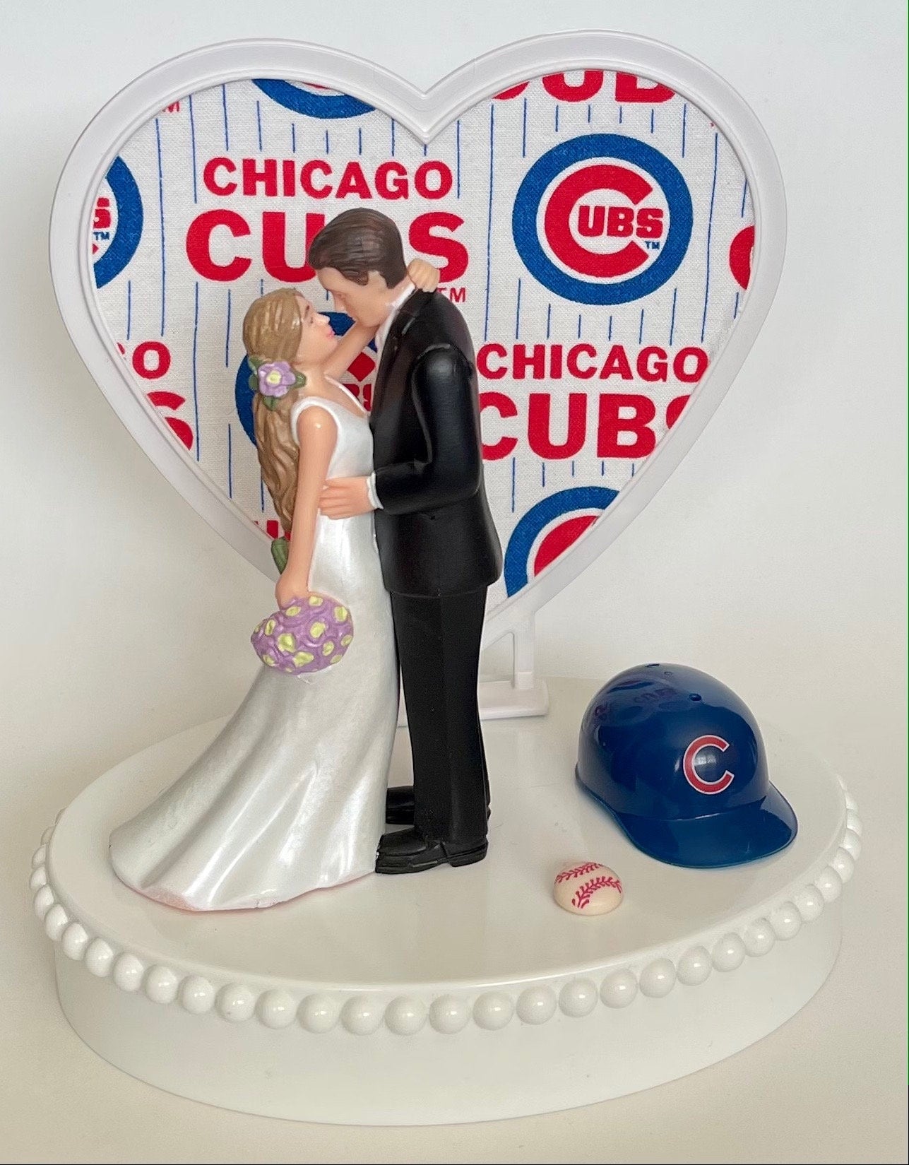Wedding Cake Topper Chicago Cubs Baseball Themed Beautiful Long-Haired Bride and Groom Fun Groom's Cake Top Shower Gift Idea Reception