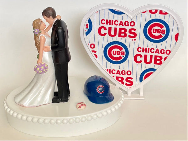 Wedding Cake Topper Chicago Cubs Baseball Themed Beautiful Long-Haired Bride and Groom Fun Groom's Cake Top Shower Gift Idea Reception