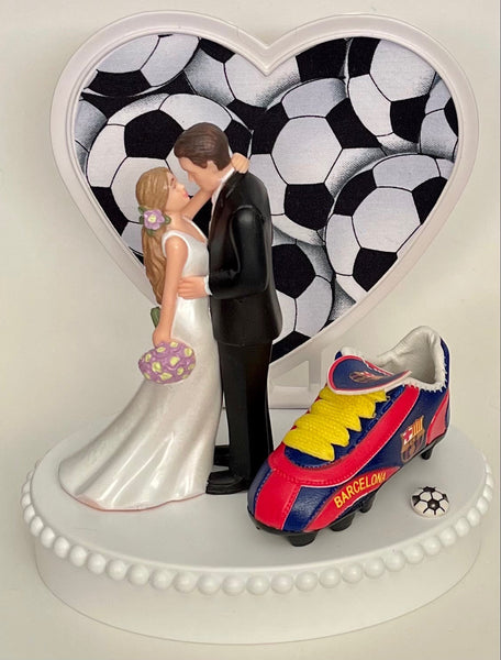 Wedding Cake Topper FC Barcelona Soccer Themed Spanish Football Spain Barca Pretty Long-Haired Bride Groom Groom's Cake Top Reception Gift