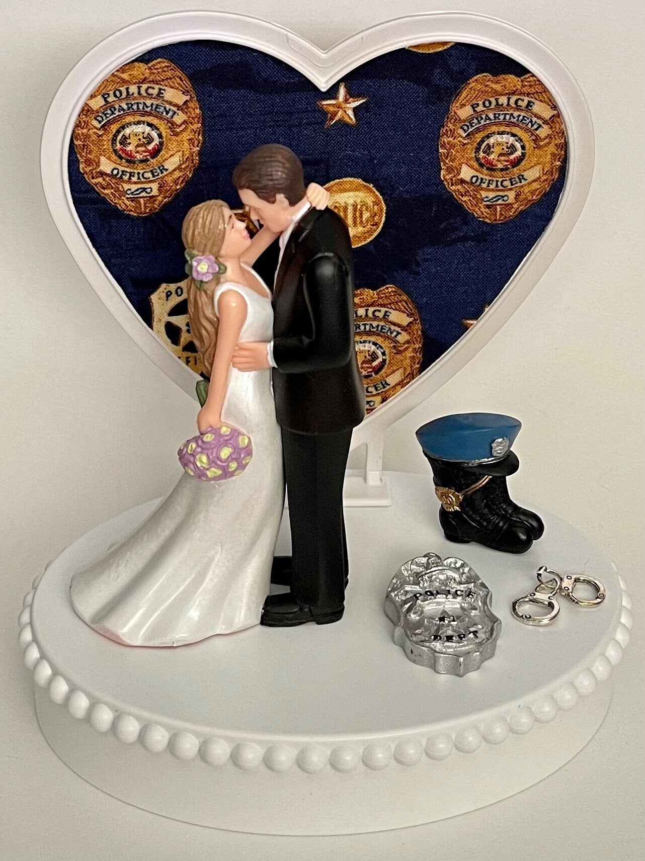 Wedding Cake Topper Police Officer Themed Policeman Handcuffs Badge Gorgeous Long-Haired Bride Groom Heart Bridal Shower Reception Gift Idea