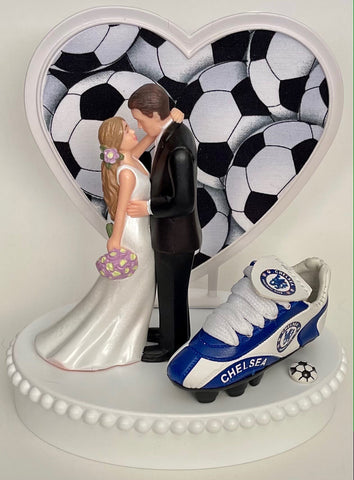 Wedding Cake Topper Chelsea FC Soccer Themed English Football England Beautiful Long-Haired Bride Groom Groom's Cake Top Reception Gift