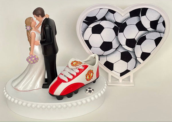Wedding Cake Topper Manchester United FC Soccer Themed English Football England Beautiful Long-Haired Bride Groom Groom's Cake Top Reception
