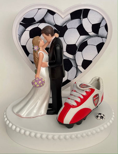 Wedding Cake Topper Arsenal FC Soccer Themed English Football England Beautiful Long-Haired Bride Groom Groom's Cake Top Reception Gift Idea