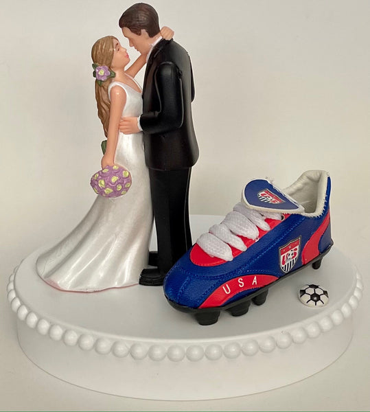 Wedding Cake Topper USA Soccer Themed United States of America Gorgeous Long-Haired Bride Groom Fun Groom's Cake Top Reception Gift Idea