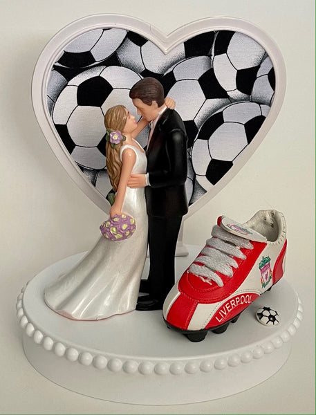 Wedding Cake Topper Liverpool FC Soccer Themed English Football Gorgeous Long-Haired Bride Groom Fun Groom's Cake Top Reception Gift Idea